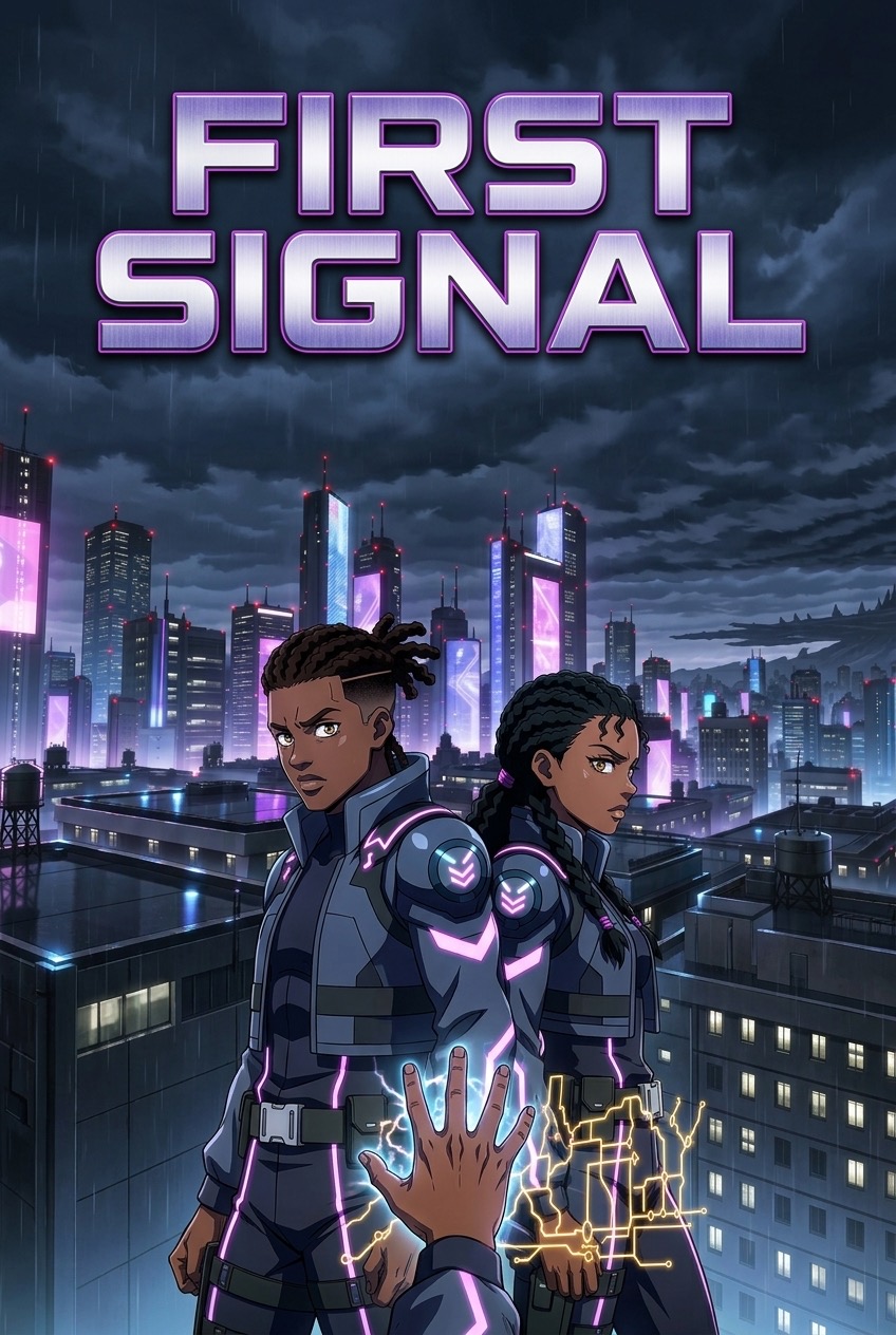 First Signal poster featuring two heroes above a futuristic city