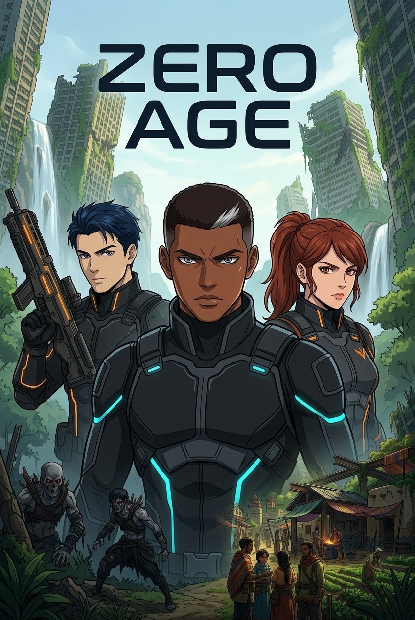 Zero Age poster featuring three armored heroes in a reclaimed city